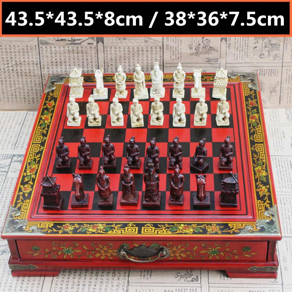

Vintage Chinese Terracotta Soldiers Chess Set Wooden Chessboard Puzzle Cartoon Characters Chess Board Game International Chess