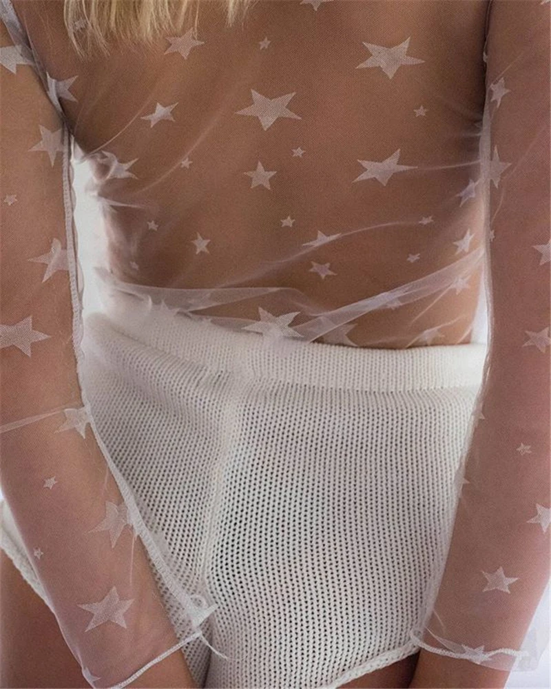Ladies Sheer Transparent Mesh Blouse Bodycon Tops Women's shirt Tops Clubwear Sexy Summer Women Lace Star Print tops Ladies Sheer Transparent Mesh Blouse Bodycon Tops Women's shirt Tops Clubwear Sexy Summer Women Lace Star Print tops