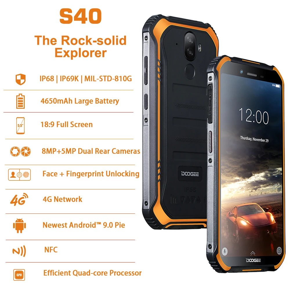 DOOGEE S40 lite 4G прочный смартфон Android 9 0 5 "4 ядра мобильный телефон 2 Гб + 16 8.0MP