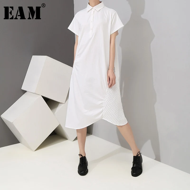 

[EAM] 2019 New Spring Summer Lapel Shor Sleeve White Loose Hollow Out Irregular Hem Big Size Shirt Dress Women Fashion JU289