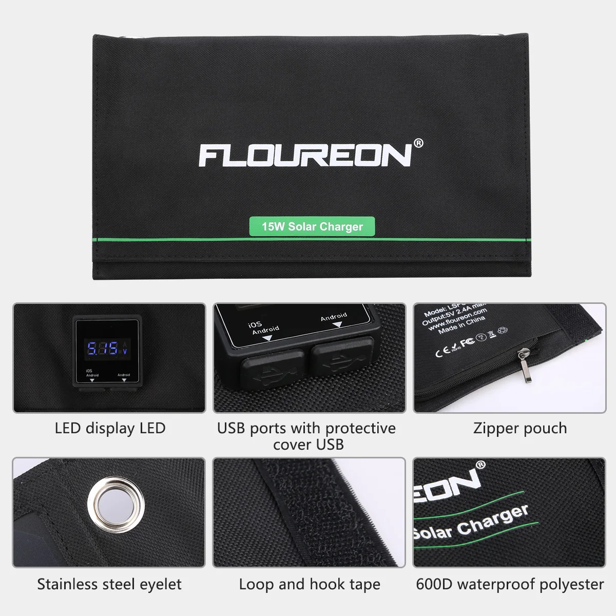 FLOUREON 15 Вт Солнечная Панель зарядное устройство с 2 USB зарядка для телефона DC 5 В/2.4A