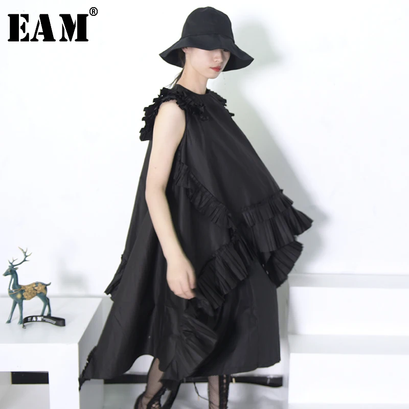 

[EAM] 2019 Spring Summer New Hot Black Tassels Irregular Big Hem O-collar Sleevless Temperament Ruffles Shirt Women Blouse YC32