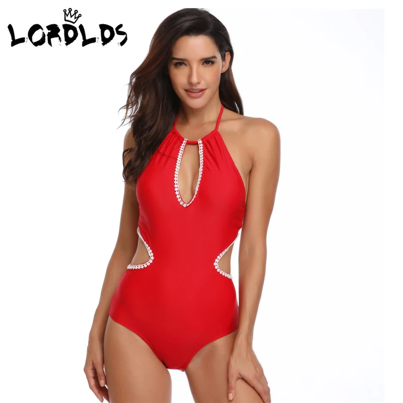 LORDLDS 2019 Women's O Neckline Backless Bathing Suit Lace High Waisted Halter Push-up Padded One Piece Monokini Swimsuit | Спорт и