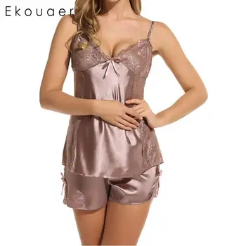 

Ekouaer Pajamas Set Women Sexy Lace Sleepwear Backless Lingerie Babydoll Bow Knot Pyjamas Female Home Pajama Set