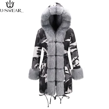 

U-SWEAR Winter Women Fake Fur Parka Warm Natural Large Black Fur Collar with Luxury Rex Rabbit Fur Liner Camouflage Coats