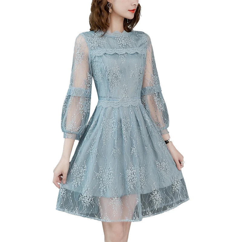 

Woman Lace Dress 2019 Spring Summer Elegant Wrist Sleeve O-neck Casual A-line Sexy Embroidery Party Dresses Vestidos