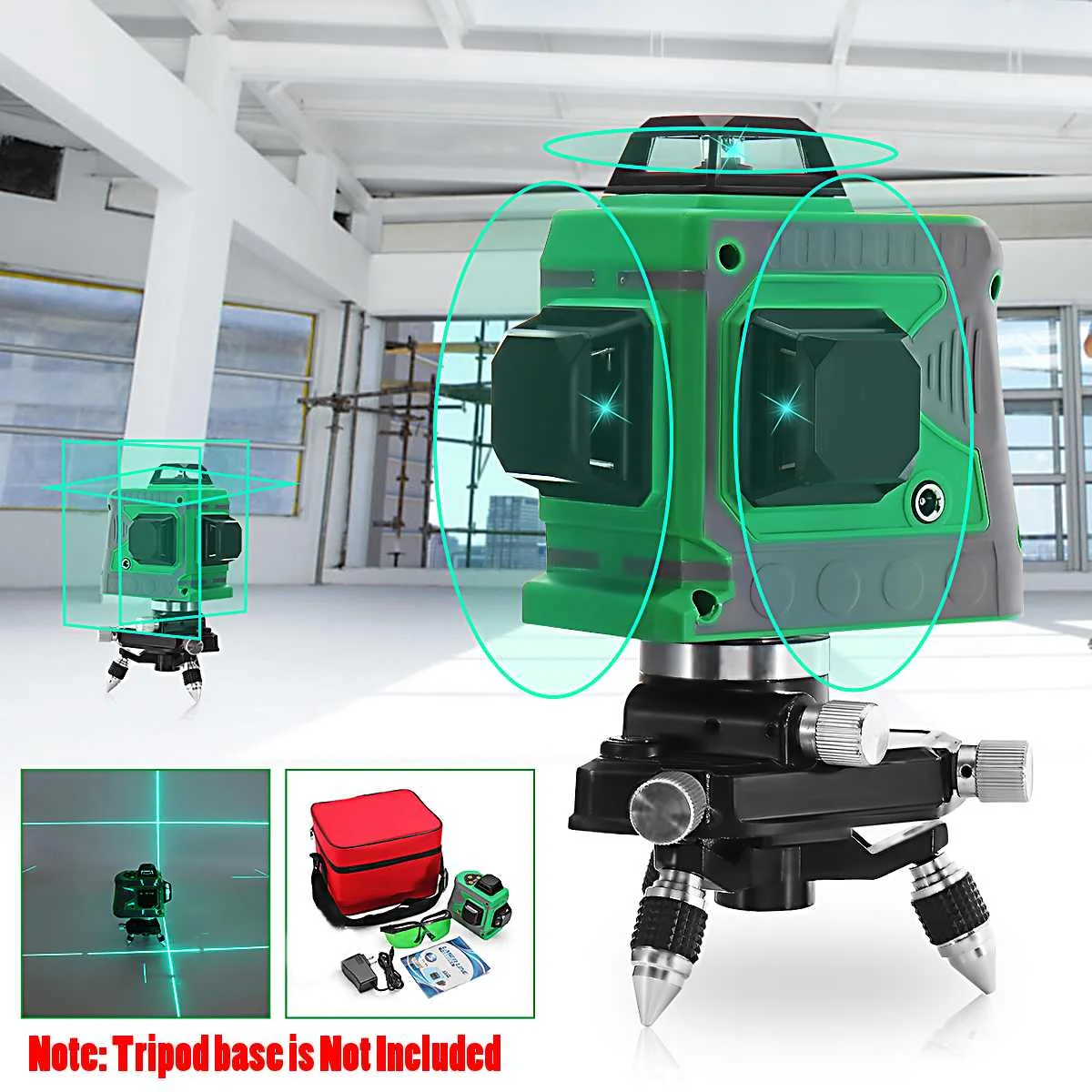 

360 Rotary 3D 12 Line Green Light 532nm Laser Level Auto Self Leveling Measure Cross Advanced Rack 1.2/1m Tripod Base Waterproof