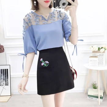 

New Skirt Korean Fashion Suits Women Hollow Out Chiffon Blouse 2019 Summer Embroidered Skirts Two-Piece Outfit Vestido S M L