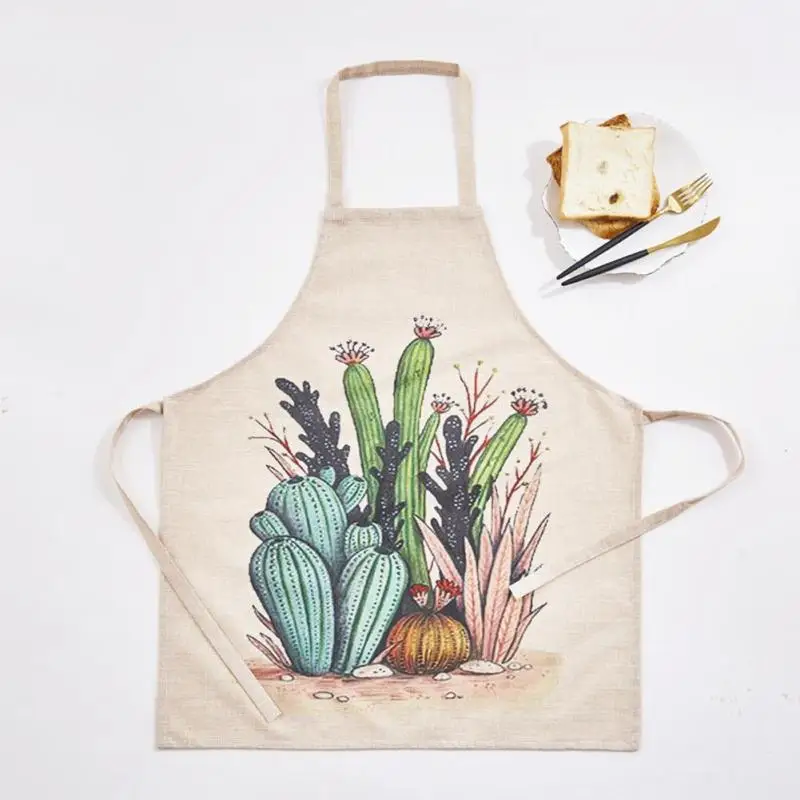 

Cartoon Cactus Printed Apron Women Adult Kitchen Cooking Baking Apron Cotton Linen Cooking Adjustable Apron