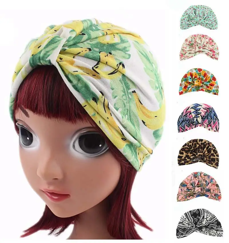 

Cute Kids Girls Headscarf Muslim Bonnet Print Children Stretch Cotton Cap Arab Hats Headwear Beanies Skullies Hair Loss Fashion