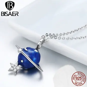 

BISAER New Arrival 925 Sterling Silver Blue Secret Planet The Stars Of Zircons Necklace For Women Engagement Jewelry HVN007