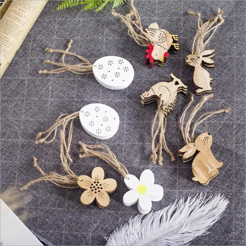 

1 8pcs Easter Decoration for Home Wooden Ornament Easter Spring Home Decor Rabbit Flower Rooster Easter Egg Ornament Craft