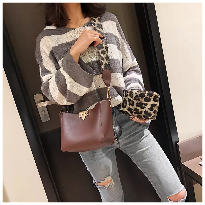 

Women Bucket Bags Luxury Fashion 2Pcs Designer PU Leather High Quality Shoulder Bag Female Leopard Wide Strap Crossbody Handbags