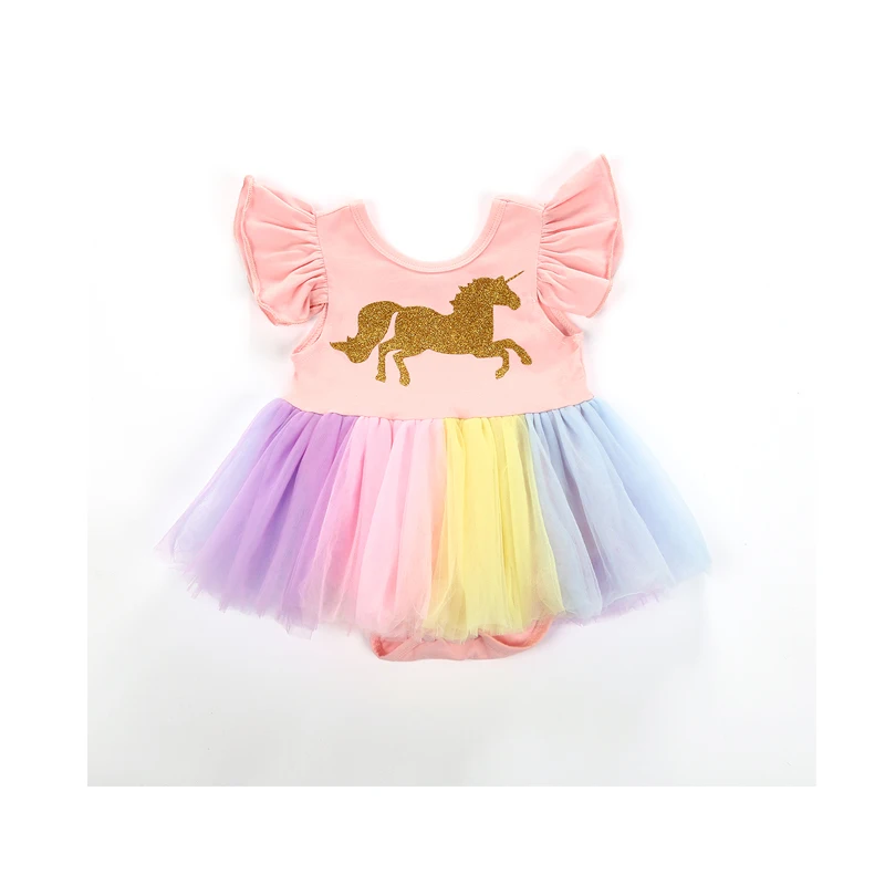 

2018 Cute Lovely Newborn Toddler Baby Girls Petal Sleeve O-Neck Cartoon Print Pink Colorful Lace Tutu Princess Romper Dress