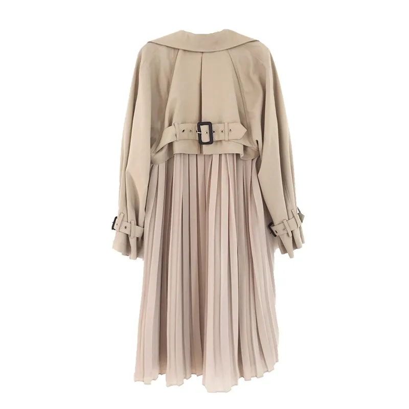 

Women Windbreaker Spring Chic Long Coats Female Trench Chiffon Splice Pleated Overcoat Thin Loose Outwear
