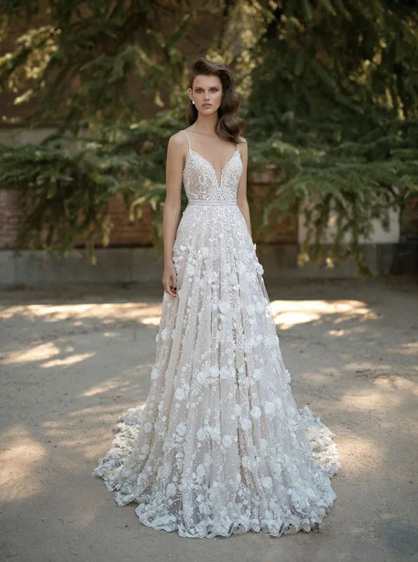 

SSYFashion New Luxury Wedding Dress Sexy V-neck Backless Beach Sweep Train Champagne Lace Flower Lllusion Formal Wedding Gown