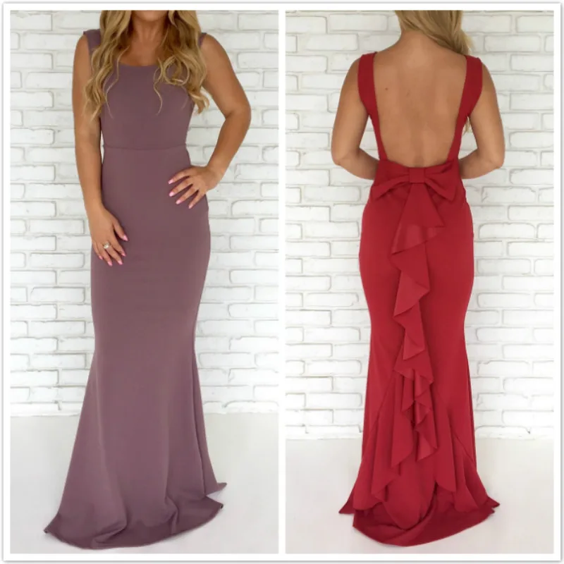 

2019 Sexy Solid Backless Sleeveless Bowknot Womens Long Formal Party Dress Evening Prom Gown Maxi Dress