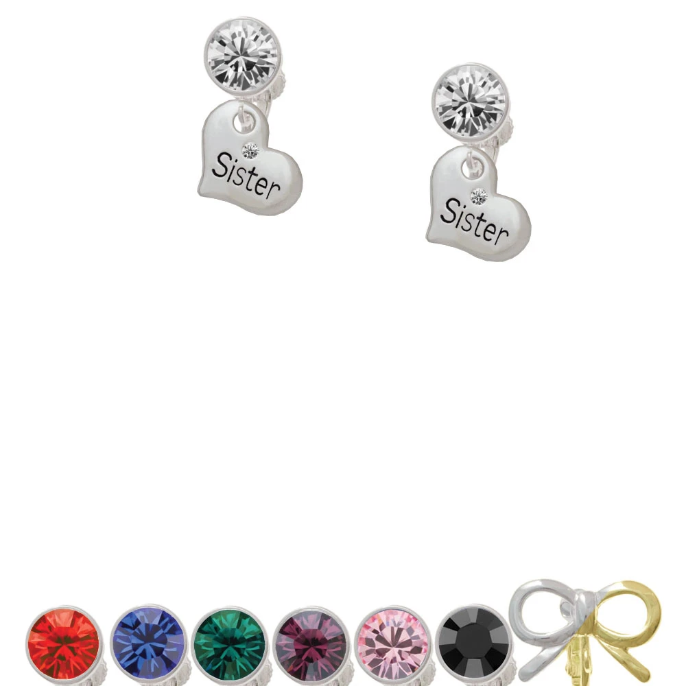Small ''Sister'' Heart with Clear Crystal Clip On Earrings |
