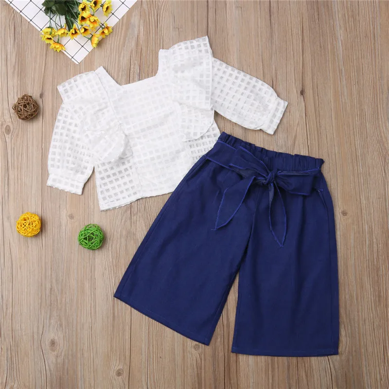 

Toddler Kids Girls clothes Lace round neck long sleeve pullover Geometry Tops Loose solid Bow Pants 2pc Baby lovely outfits
