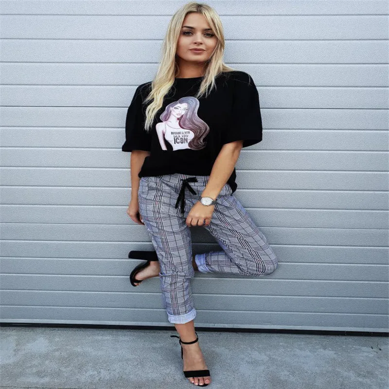 

MeiHuiDa 2018 New Style Fashion Hot Women's High Waist Casual String Plaid Long Pants Ladies Pencil Trousers