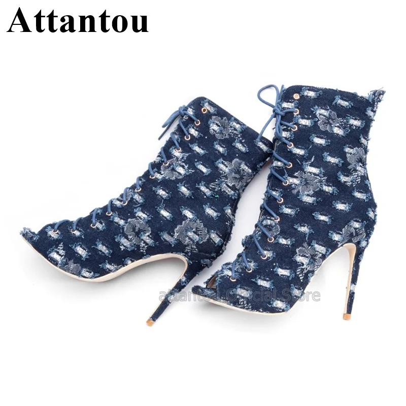 Женские джинсовые ботильоны с открытым носком синие короткие ботинки на тонком