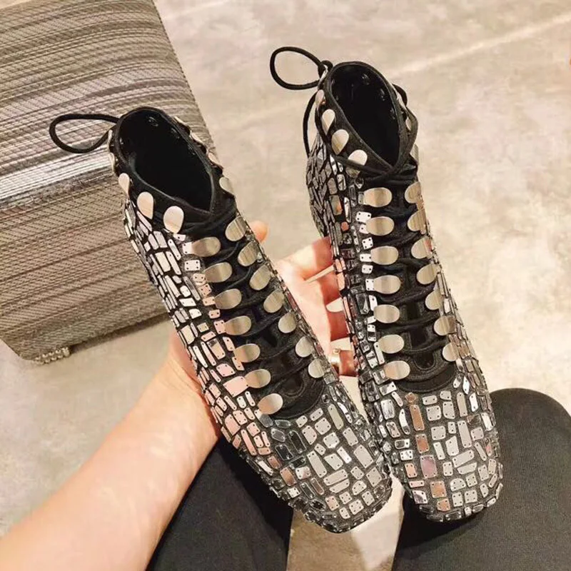 

New Boots Woman Metal Bling Decor Ankle Boots Lace Up Shoes Women Square Toe Heel Short Booties Fashion Botas Brand Star Runway