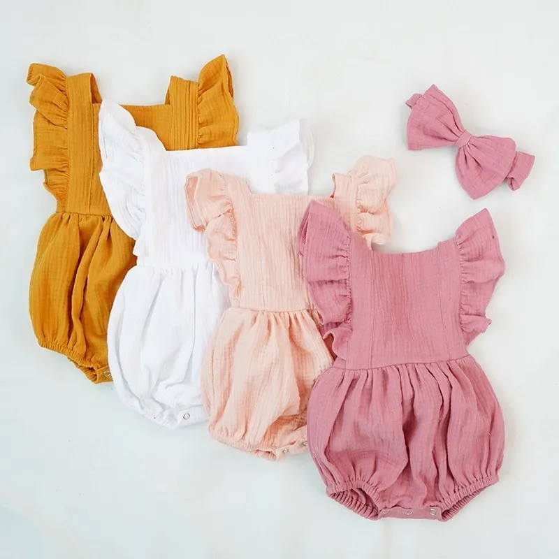 

Summer Cotton Baby Girl Bodysuit Headband Set Double Gauze Ruffle Playsuit For Newborn Diaper Cover Clothes Photo Graphy Costume