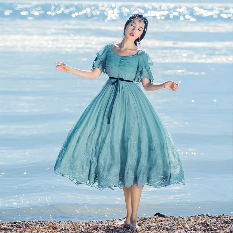 Vestido de encaje de tul azul de marca para Mujer Vestidos de Mujer dulce Lolita Ropa Mujer Verano Kerst Jurk 2018 Vestidos de playa bohemios Vestido de encaje de tul azul de marca para Mujer Vestidos de Mujer dulce Lolita Ropa Mujer Verano Kerst Jurk 2018 Vestidos de playa bohemios