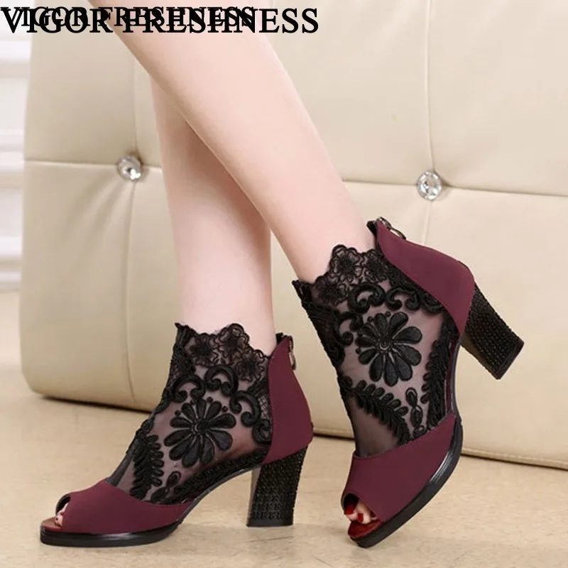 VIGOR FRESHNESS Sandals Women Shoes Embroidery Middle Heels Woman's Sandals Summer Shoes Female Party Shoes Dress Sandals WY549