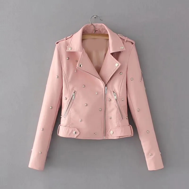 Women Faux Leather Motorcycle Jacket Outwear 2019 New PU Leather Jacket Causal Turn-Down Collar Black Rivet Star Biker Coat