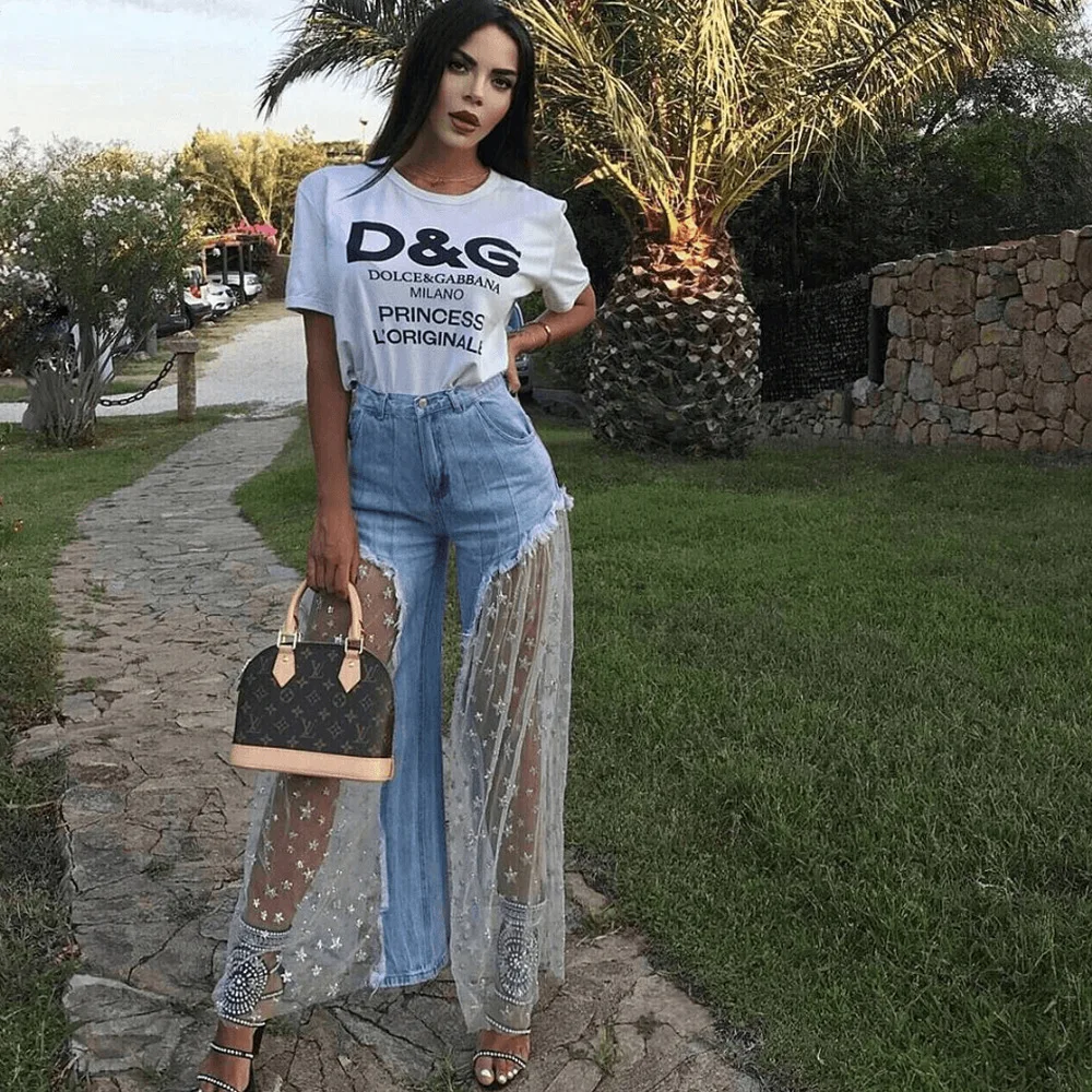 

Fashion Mesh Stitching Jeans Women Fashion Wild Casual Ladies Long Jeans Irregular Perspective Wide Leg Pants Summer Jeans