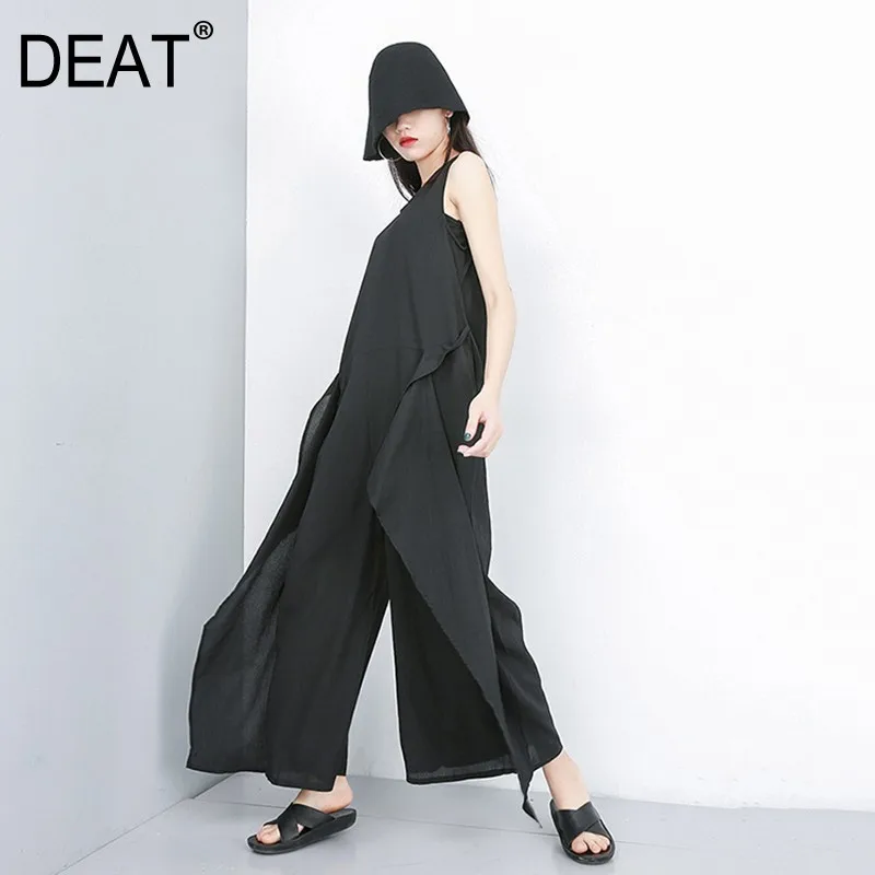 

[DEAT] 2019 New Autumn Winter High Waist Black Ruffles Split Joint Loose Long Wide Leg Pants Women Jumpsuit Fashion Tide JT17