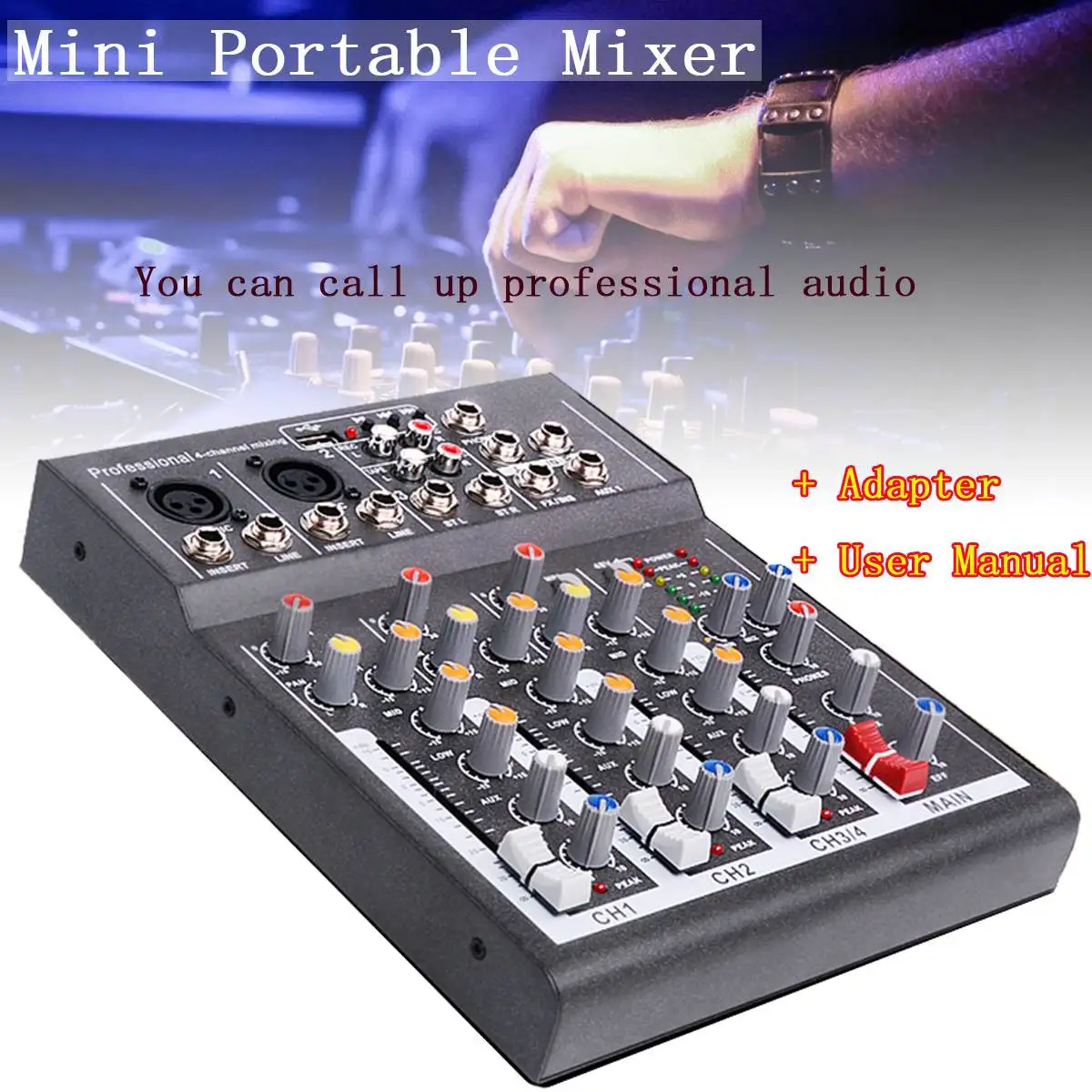 

Mini Portable Audio Mixer with USB DJ Sound Mixing Console MP3 Jack 4 Channel Karaoke 48V Amplifier For Karaoke KTV Match Party