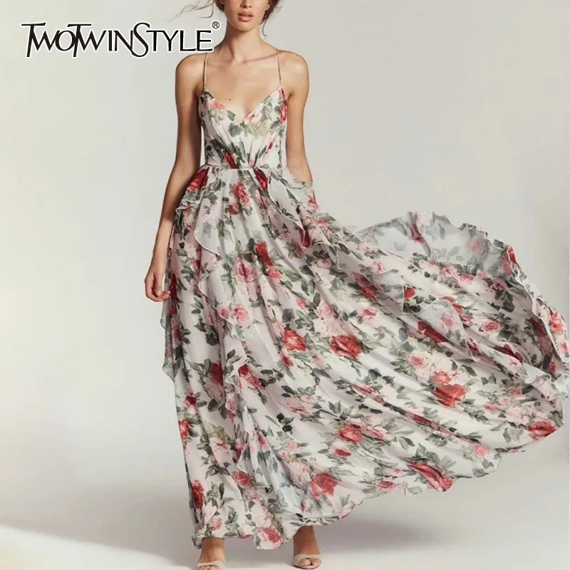 

TWOTWINSTYLE Off Shoulder Backless Sexy Women Dress Sleeveless High Waist Bandages Ruffles Maxi Dresses For Female Fashion 2019