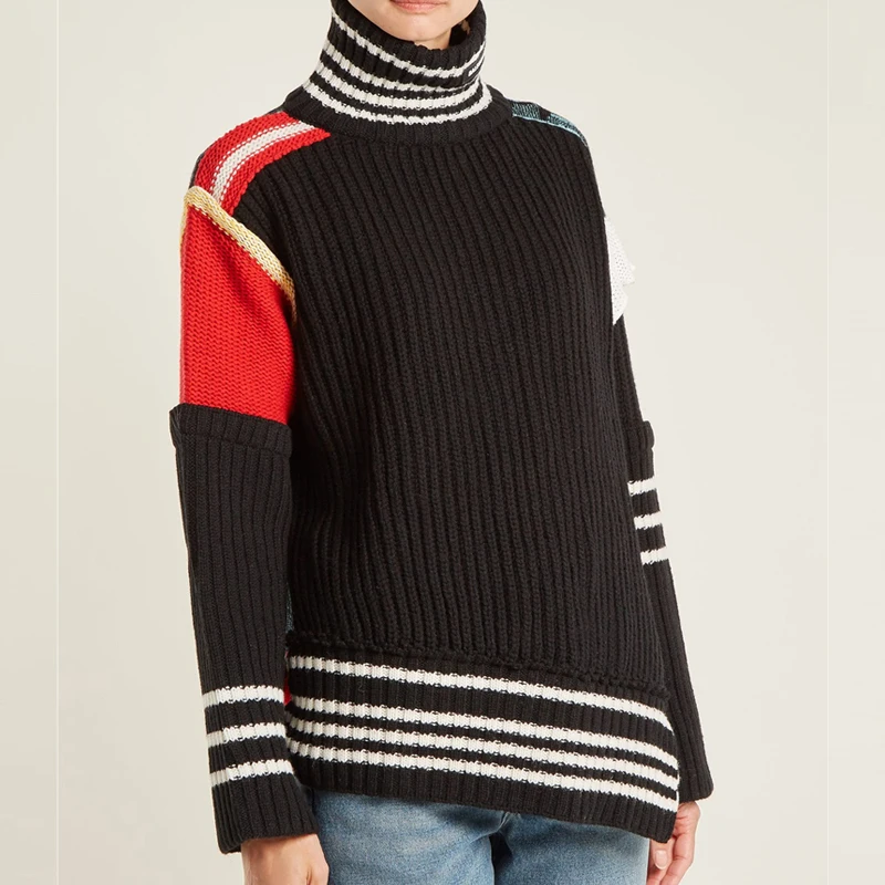 

2018 Winter Fashion Leopard Patchwork Turtleneck Women Sweater Pullovers Runway Designer Female Sweater Jumper Clothing