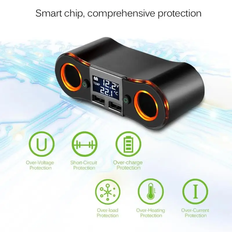 

LCD 1 to 2 Car Cigarette Lighter Socket Splitter Dual USB 3.4A Auto Quick Charging Adapter with LED Indicator Separated Switch
