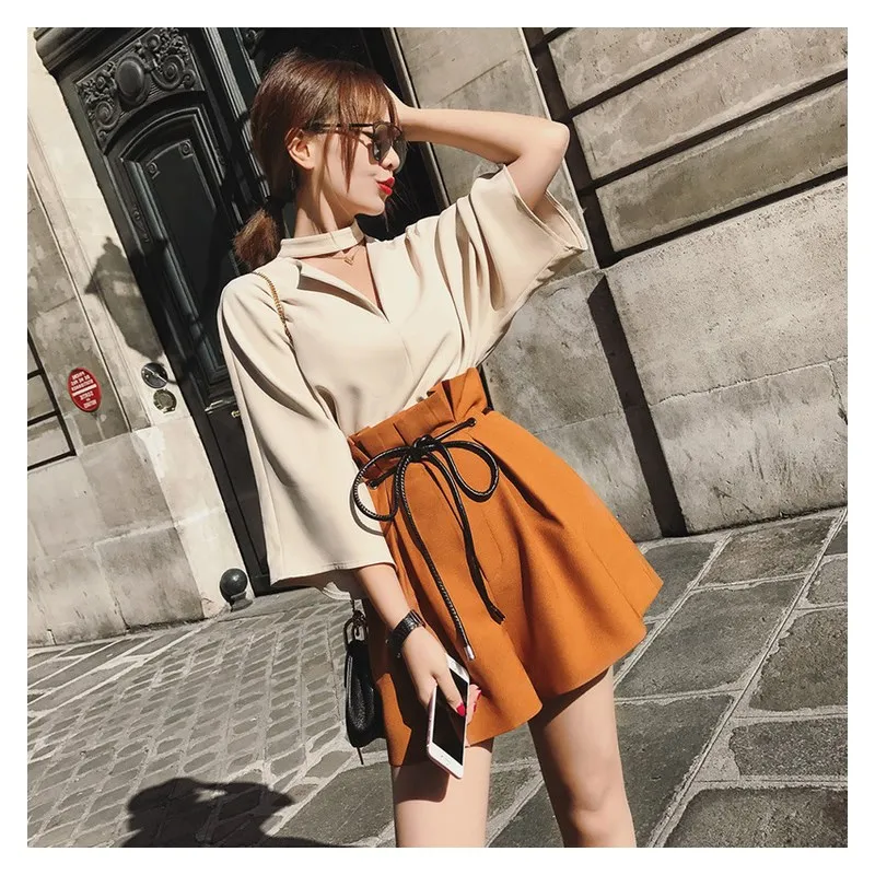 

2019 Summer Fashion Plus Size Tops And High Waist Wide Leg Shorts Two Pieces Set Hollow Out Elegant Temperament Chiffon Suits