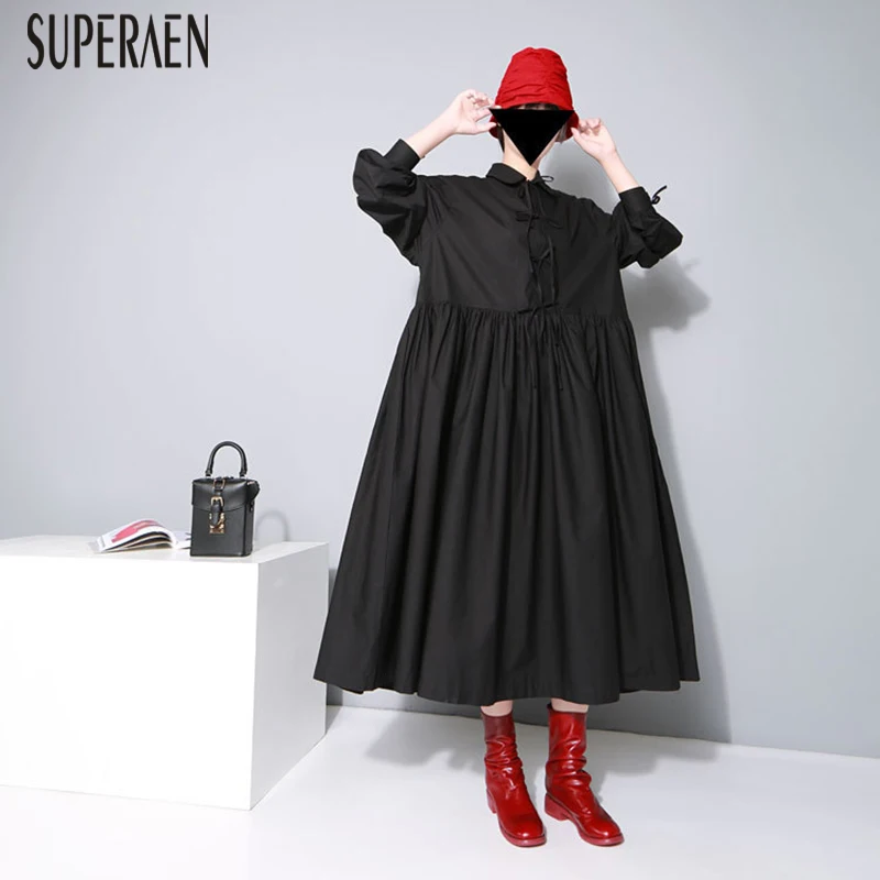 

SuperAen 2018 Autumn and Winter New Long Dress Female Europe Solid Color Cotton Casual Women Dress Europe Loose Long Dresses