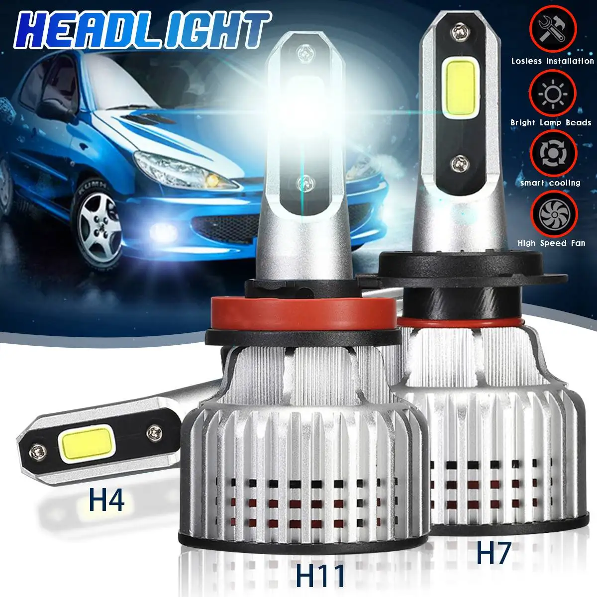 

2 Nighteye H4/H7/H11 72W 10000LM LED Headlight Kit Car Bulb Driving Lamps 6500K Auto Headlamp Fog Light Bulbs NovSight Headlight