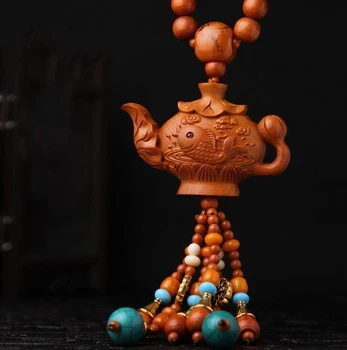 

Chinese Peach Wood Carved Double Fish Carp Lotus Flower Lotus Leaf Teapot Exquisite Car Pendant Statue