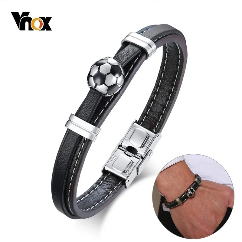 

Vnox Stainless Steel Football Charm Bracelets for Men Layered Genuine Leather Bangle Gentle Casual Jewelry