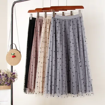 

PEONFLY Polka Dot Long Tulle Skirt Women 2019 Summer Fashion A-line High Waist Pleated Maxi Skirt Female Pink Sun Skirt