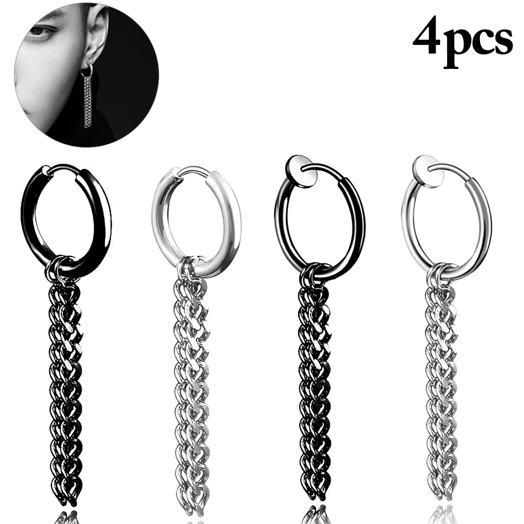 

2019 New 4pcs Men Drop Earring Creative Fashion Punk Double Chain Dangle Earrings Huggie Earrings for Halloween Party Gift