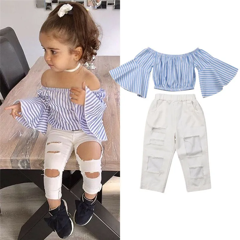 

Toddler 2PCS Clothes Set 2019 Kids Baby Girls Summer Clothes Girl Striped Tops+Ripped Denim Pants Clothing Suits