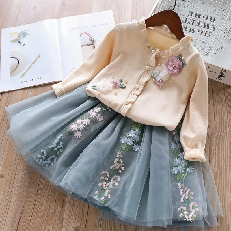 

spirng floral baby girl clothes sets flower long sleeve girl cardigan flower tutu dress tulle embroidery children sweater