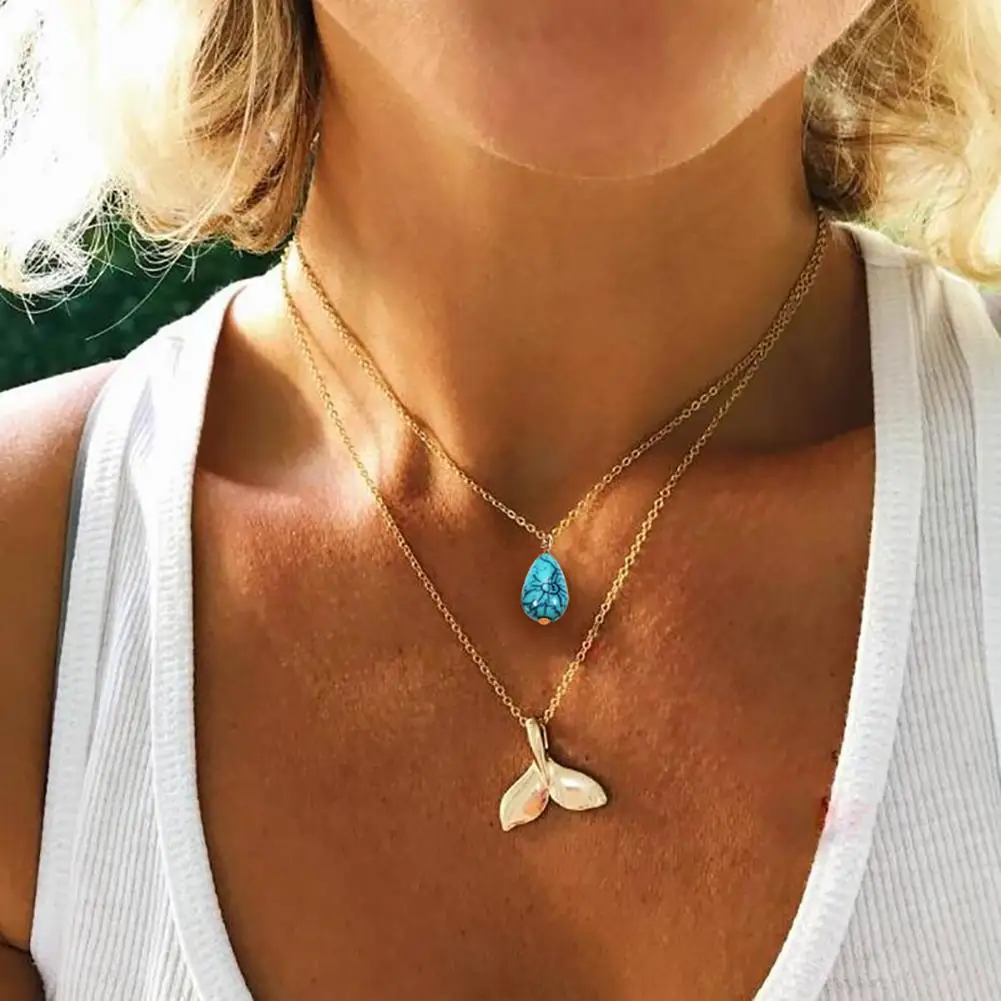 

Double Layers Water Drop Fish Tail Pendants Women Boho Jewelry Choker Necklace