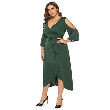 

Wipalo Plunge Neck 3/4 Bell Sleeve Cold Shoulder Belted Asymmetric Solid Color Plus Size Women Dress Casual Mid Calf Vestido 6XL