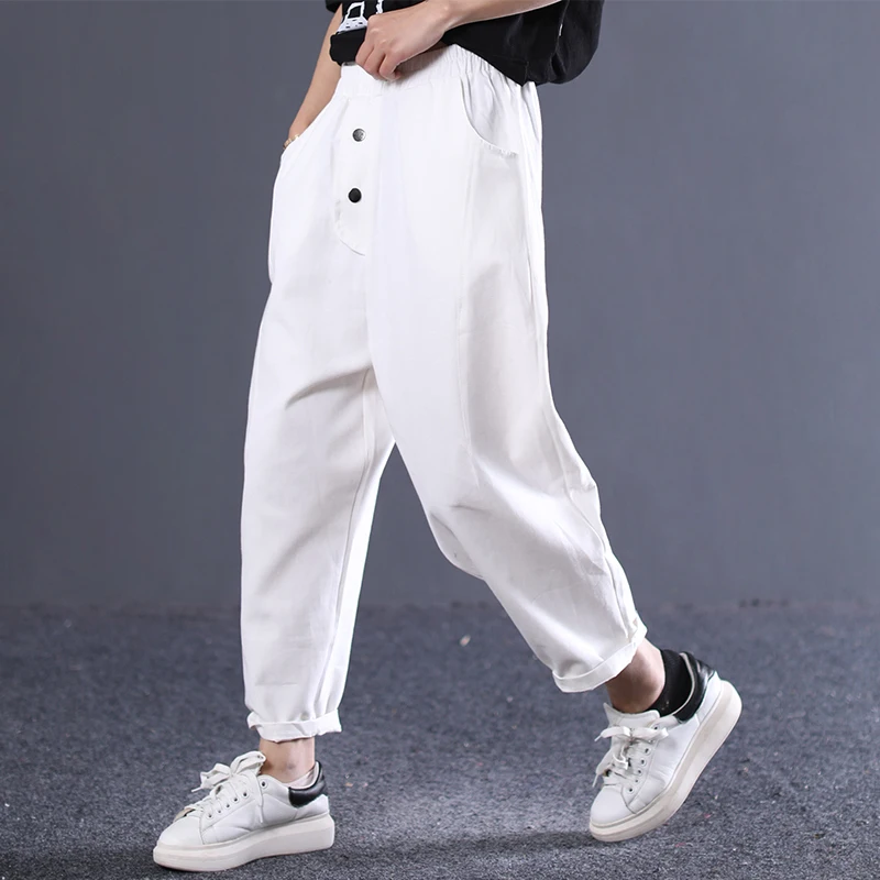 

[EWQ] 2019 Spring Summer New Fashion Elastic Waist Solid Patchwork High Waist Vintage Loose Straight Pants Women AE25100
