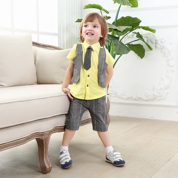 

1st Birthday Boy Baptism Outfits Suit Baby Boys Gentleman Suit Kids Short Sleeve Vest Clothing Sets Suits Manufactured Two Piece