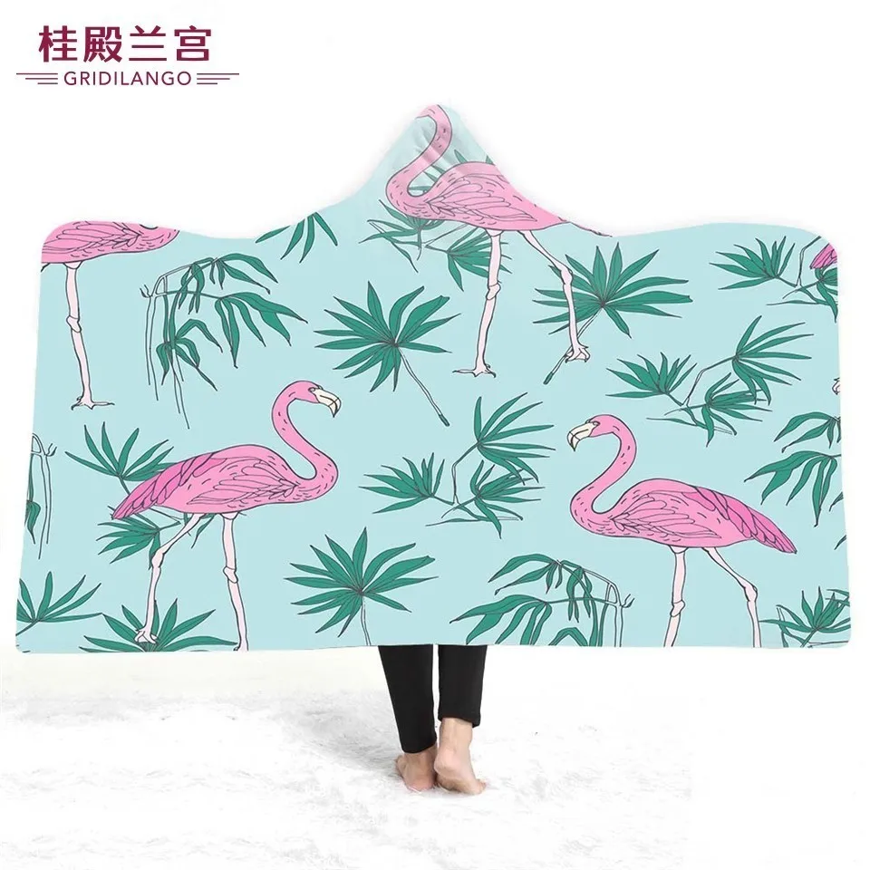 

GRIDILANGO Pink Flamingo Cartoon Hooded Blankets Palm Leaf Cute Printing Home Office For Adult Kid Gift Wearable Throw Blankets